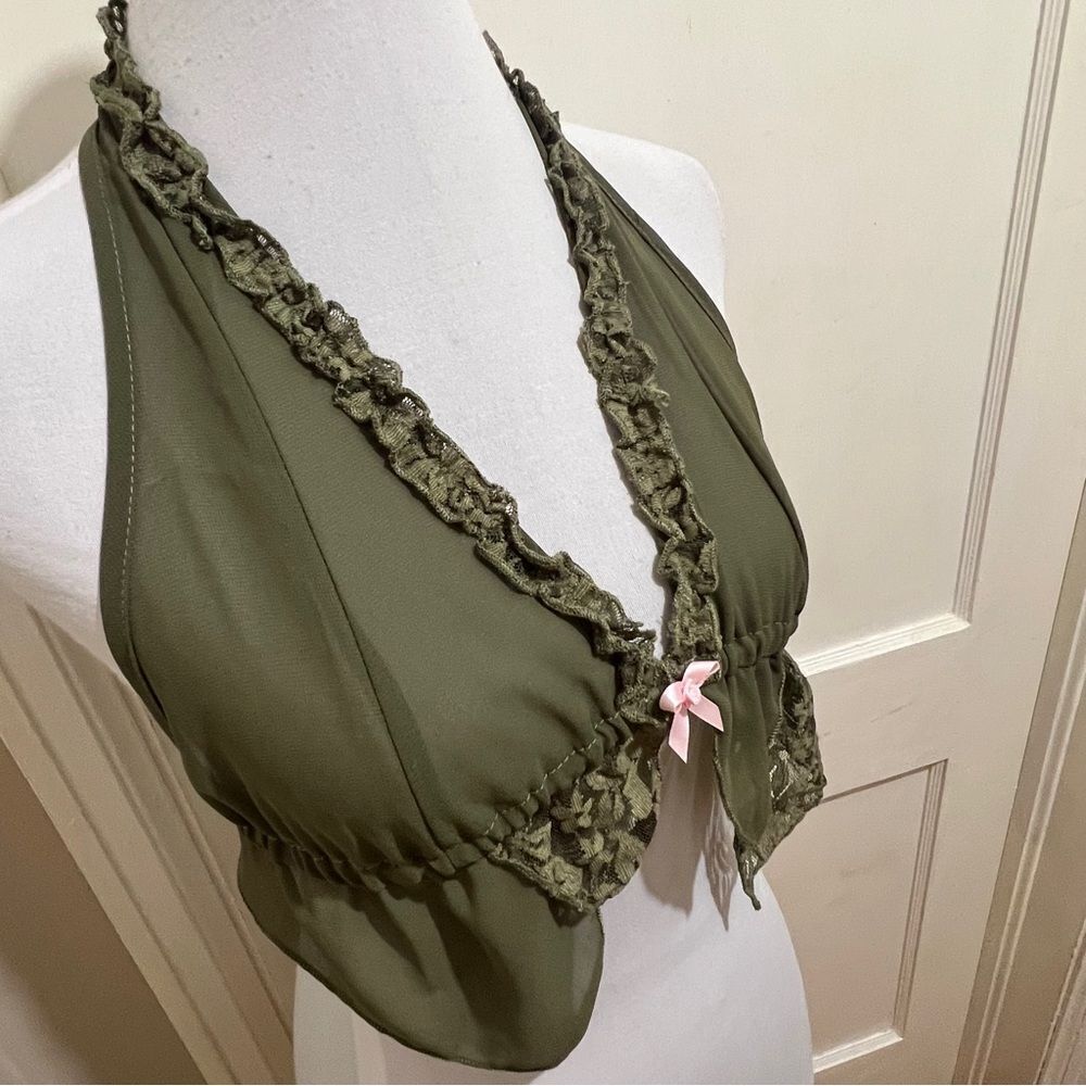 PrettyLittleThing Olive Halter Bralette with Lace Women's Size 2
